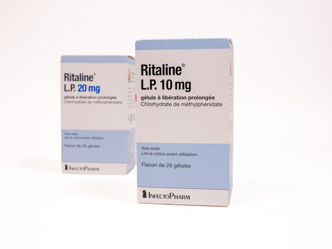 Two pharmaceutical boxes of "Ritaline L.P." (10mg and 20mg) fp, a brand-name methylphenidate medication, photographed against a white background.