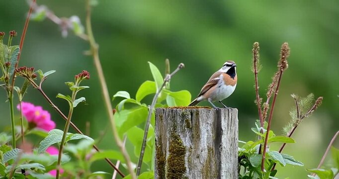 Small bird perches on wooden post in garden with blurred floral background
