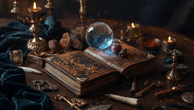 Mystical crystal ball resting on an ancient open spellbook with glowing candles