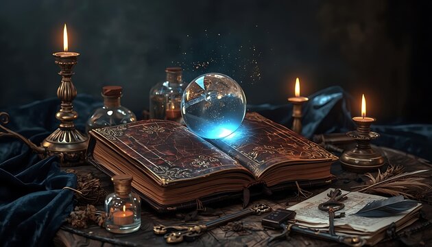 Mystical ancient spell book with glowing crystal ball and burning candles on table