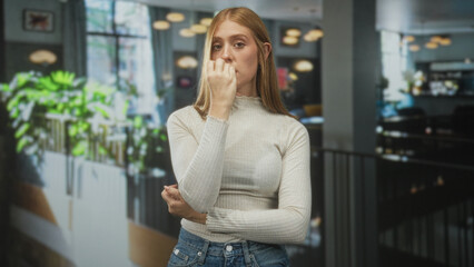 Fototapeta premium Woman biting nails with hand to mouth and crossed arm in building cafe interior, freckled face and casual sweater; anxious introspection.