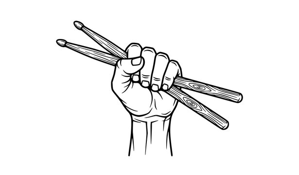 Fist holding drumsticks vector line art illustration for rock music band logo or drumming school emblem