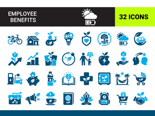 Fototapeta premium Employee Benefits icon set HR Perks, Health Insurance, Pension Plan, Work Life Balance, Wellness Program, Corporate Incentives, Financial Security You can easily change color.