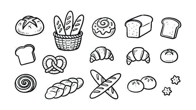 Bakery Bread Basket Doodle Set Hand Drawn Vector Illustration