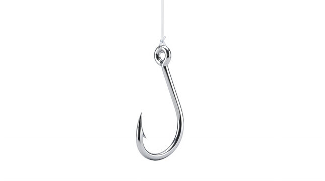 Shiny Silver Fishing Hook on a Line Isolated on Black Background