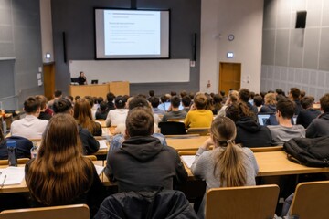 Obraz premium University college audience lecture hall filled with students attending a classroom presentation while a professor speaks from the front and slides are projected on a large screen.