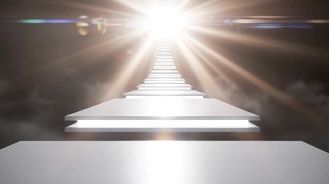 Luminous staircase ascending to bright light through mysterious fog