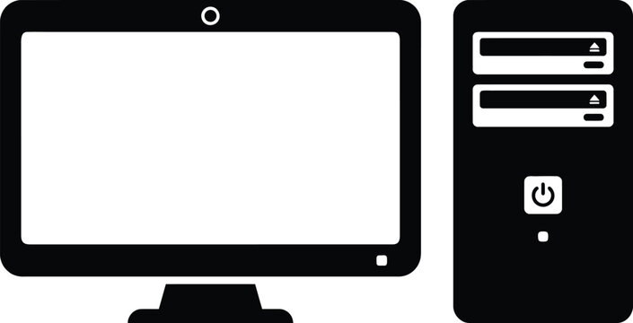 Computer monitor and tower desktop pc setup icon with computer, hardware