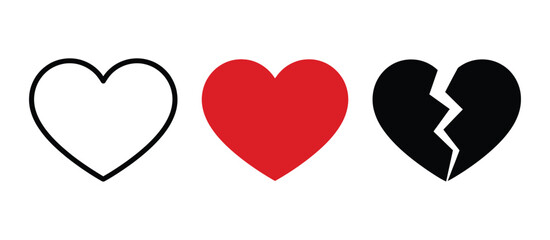 Obraz premium Set of three heart symbols including outline red and broken black heart