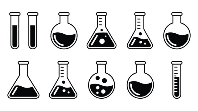 laboratory glassware icons, chemical test tubes, erlenmeyer flasks, round bottom flasks, liquid bubbles and science laboratory vector illustration.