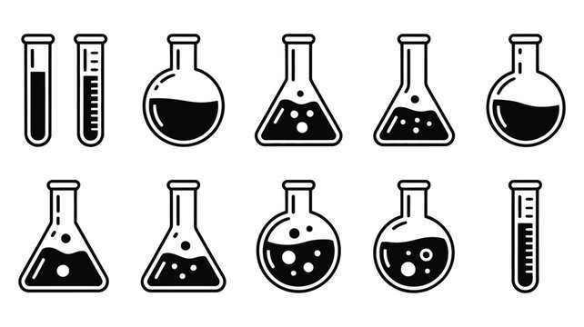 laboratory glassware icons with chemical test tubes, erlenmeyer flasks, round bottom flasks, liquid and bubbles for science vector illustration.