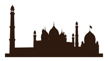 Mosque silhouette stands against a clean white background highlighting the traditional architectural domes and minarets. © Sadee Girl