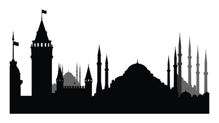 Cityscape silhouette features iconic towers and domes representing the historic architecture of Istanbul. © Sadee Girl