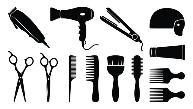 Hairdressing tools organized as a set of black silhouettes feature professional salon equipment like scissors combs and hair dryers for beauty industry branding.