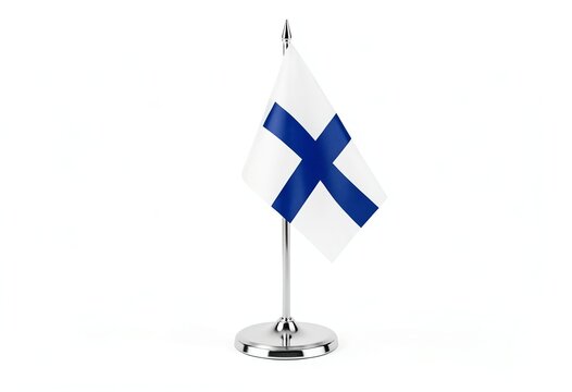 A small desk flag of finland featuring a blue cross on a white background isolated on white