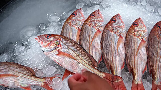 Hand Picking Up Fresh Red Snapper Fish From Bed Of Ice 4K Video