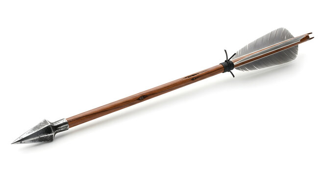 Old wooden arrow with metal tip and feather fletching