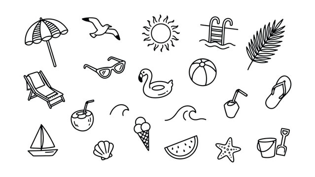 Summer Beach Icon Set Hand Drawn Doodle Vector Illustration