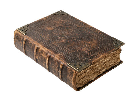 Ancient leather-bound book with a pentagram symbol isolated on transparent background. Magic grimoire concept for dark.