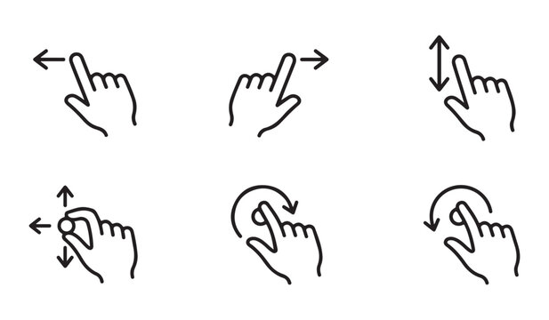 Touchscreen hand gestures icons set swipe left, swipe right, scroll up down, and rotate hand symbols bundle isolated on white background.