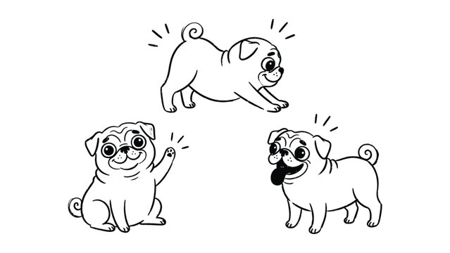 Pug Dog Poses Hand Drawn Doodle Vector Illustration