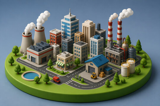 A miniature diorama of an industrial complex with buildings, smokestacks, and surrounding greenery.