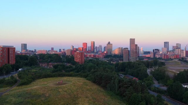 Sunrise Aerial Video of Manchester City Skyline Featuring  Peachstone Henge