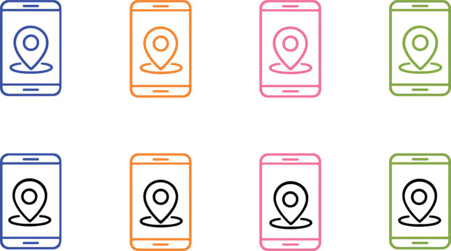 Mobile Location Pin Icon Set Collection &ndash; Colorful GPS Navigation Smartphone Outline Vector Illustration for Maps, Tracking, Geolocation and Location Services