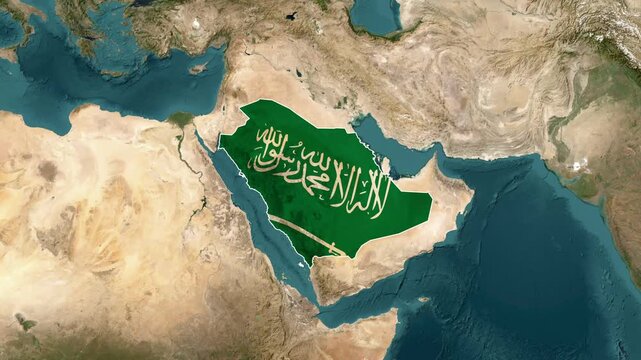 Highlighted Saudi Arabia map border with flag animation