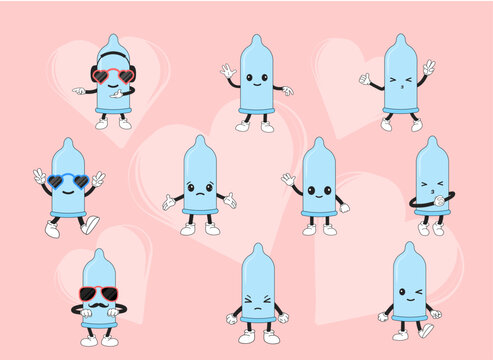 Cute Condom Cartoon Characters Emoticon Set