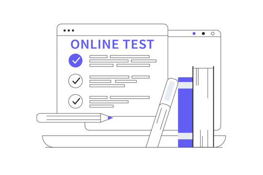 E-Learning Assessment Examination and Online Test Success Results. Computer Screen with Checklist Questionnaire and Study Books with Pencil. Flat Cartoon Vector Illustration, icon Stylish abstract web