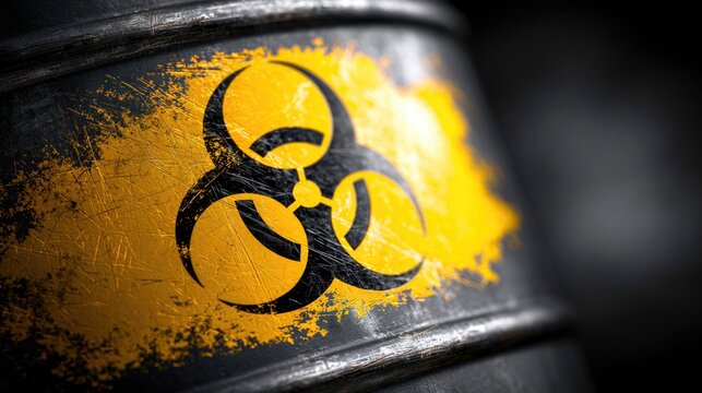 Biohazard symbol on a metal barrel. Warning sign for toxic waste and dangerous materials.