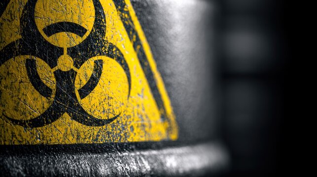 Biohazard warning sign on metal surface. Industrial chemical danger symbol on container.
