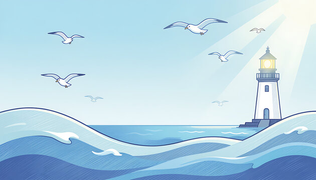 Lighthouse on rocky coast during daytime. Coastal navigation beacon with ocean waves and seagulls, maritime safety and navigation concept.