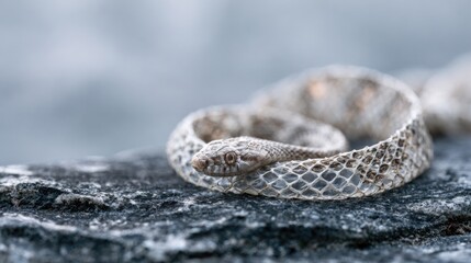 Obraz premium Dried snake skin on a dark rock. Shed reptile skin texture in a natural environment.
