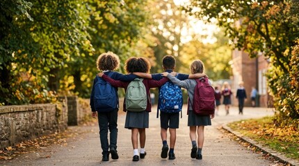 Fototapeta premium Four students walking to school with backpacks back to school concept