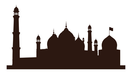 Mosque silhouette features intricate domes and towering minarets in a sharp black digital graphic. © Sadee Girl