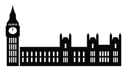 Fototapeta premium Big Ben illustration shows the iconic clock tower and parliament building in a classic black silhouette graphic format.