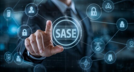 Obraz premium An engaging illustration of a person interacting with SASE concept icons on � Digital Marketing and Brand Strategy Concept for Social Media
