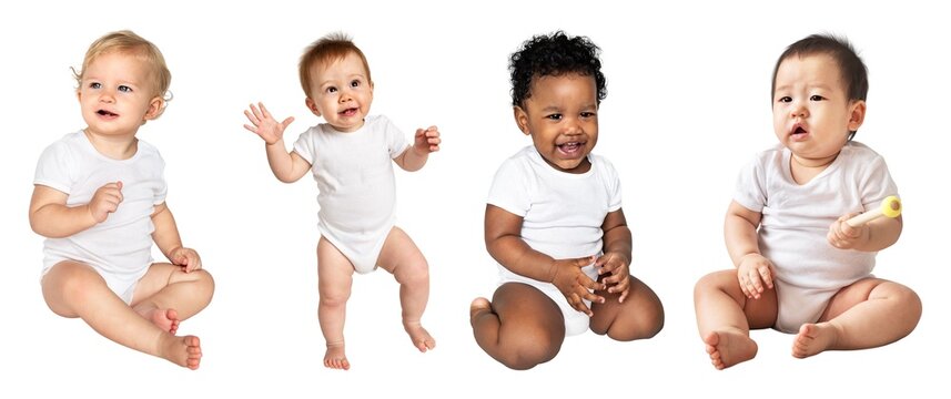 Diverse babies in white onesies