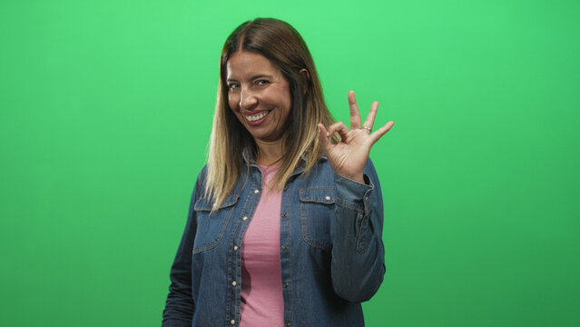 Woman shows ok sign with hand and winks while wearing denim jacket and pink shirt in studio; approval support.