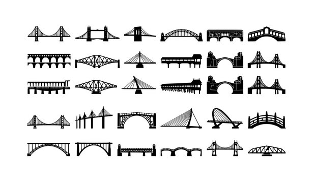 Iconic Bridge Silhouette Vector Set Isolated on White Background