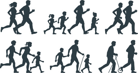 Obraz premium Running Family and Jogging People Silhouette Icon Set with Couples Parents Children and Seniors Exercising for Healthy Lifestyle Graphic Designs