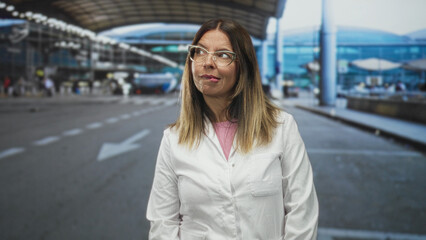 Obraz premium Woman doctor in white lab coat with glasses looking up at terminal curbside airport; anticipation contemplative.