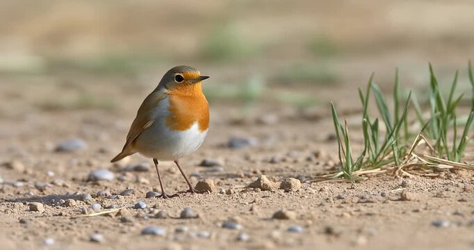 Small european robin bird on ground looking around with cinematic motion footage