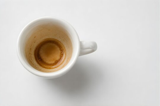 Single empty espresso cup with dark coffee residue at the bottom, finished coffee break concept with copy space