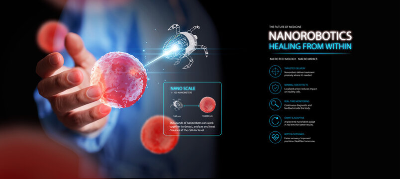AI powered medical nanorobot performing targeted cellular therapy for precision medicine. Nanomedicine, nanoscale treatment, smart drug delivery, biotechnology innovation, next generation healthcare.