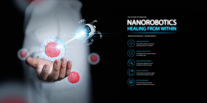 Medical nanorobotics concept. AI powered nanobots delivering targeted therapy at the cellular level. Nanomedicine for precision treatment, regenerative healthcare, biotechnology, medical technology.