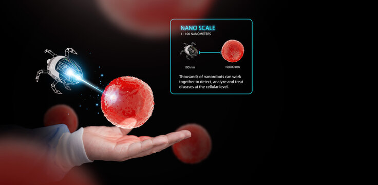 AI powered medical nanorobot operating at the nanoscale to target individual cells for diagnosis and treatment. Futuristic nanomedicine, precision healthcare, biotechnology, targeted drug delivery.