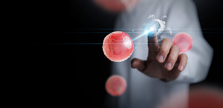 AI powered medical nanorobot performing targeted cellular therapy for precision medicine. Nanomedicine, nanoscale treatment, smart drug delivery, biotechnology innovation, next generation healthcare.